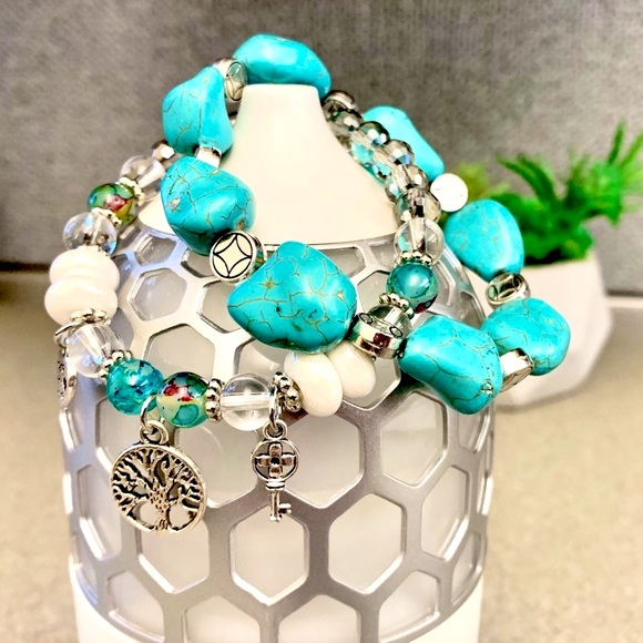 Gemstone Jewelry - Sold Blue Howlite, Multi Bead Stretch Charm Bracelet